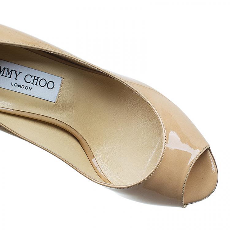 Pre Owned Jimmy Choo Beige Patent Baxen Peep Toe Wedge Sandals Size 36.5
