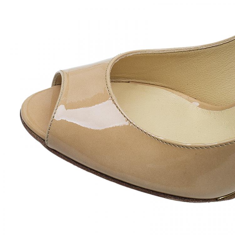 Pre Owned Jimmy Choo Beige Patent Baxen Peep Toe Wedge Sandals Size 36.5