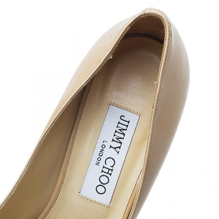 Pre Owned Jimmy Choo Beige Patent Baxen Peep Toe Wedge Sandals Size 36.5