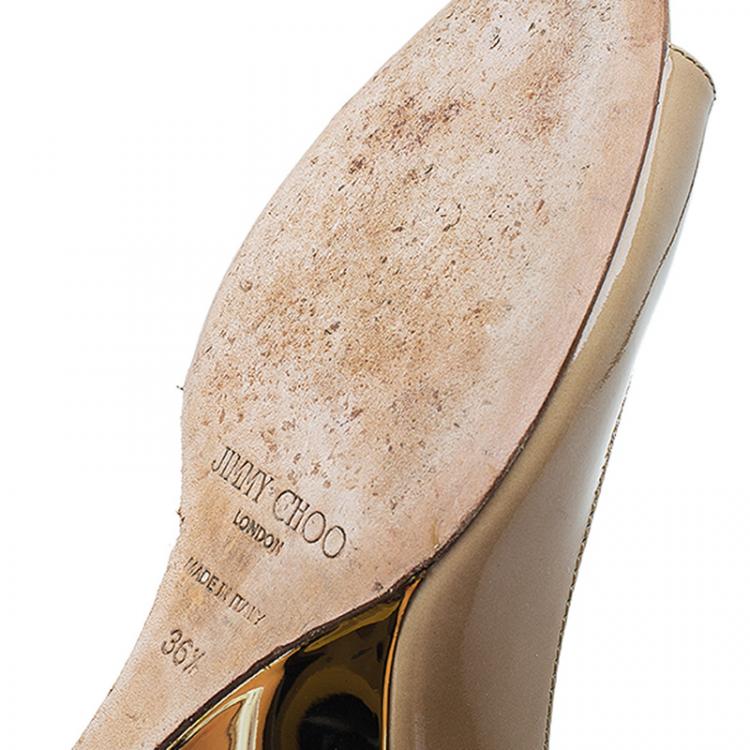 Pre Owned Jimmy Choo Beige Patent Baxen Peep Toe Wedge Sandals Size 36.5