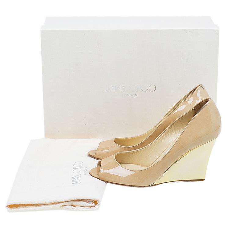 Pre Owned Jimmy Choo Beige Patent Baxen Peep Toe Wedge Sandals Size 36.5