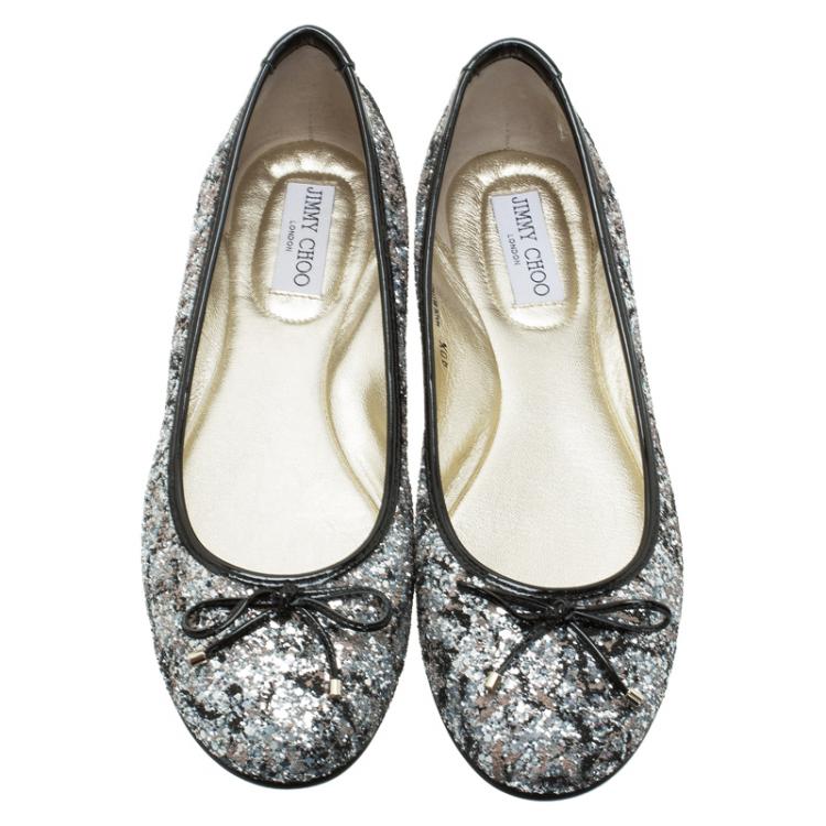Pre Owned Jimmy Choo Black Glitter Walsh Ballet Flats Size 40.5