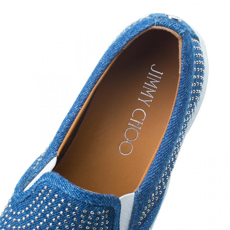 Pre Owned Jimmy Choo Blue Denim Micro Studded Demi Slip-On Sneakers Size 36