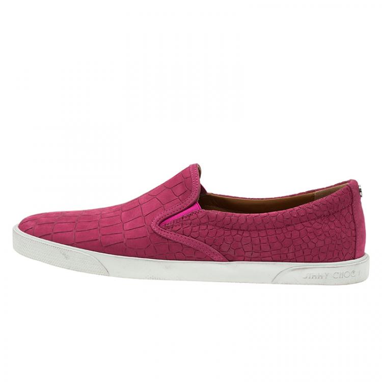 Pre Owned Jimmy Choo Pink Leather 'Demi' Croc Embossed Slip-On Sneakers Size 41