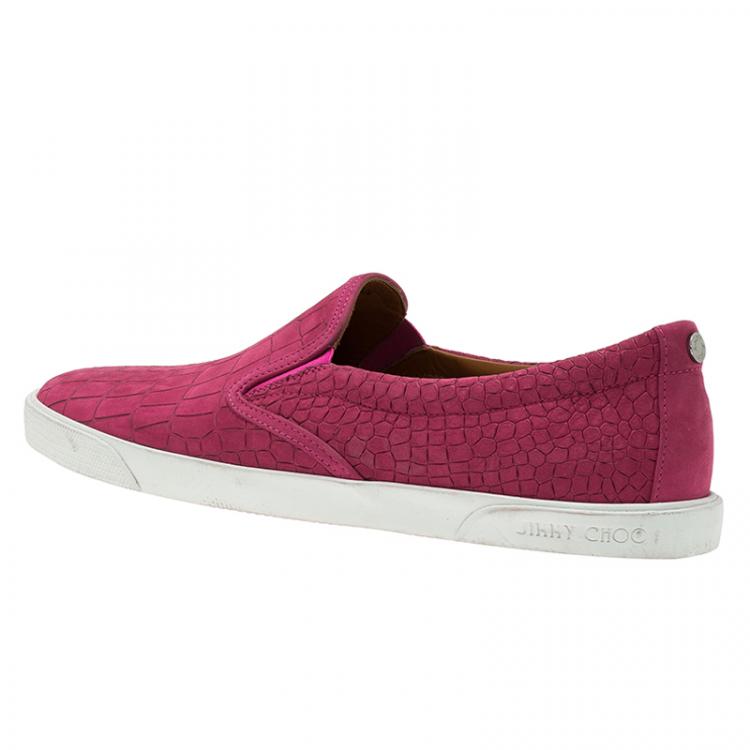Pre Owned Jimmy Choo Pink Leather 'Demi' Croc Embossed Slip-On Sneakers Size 41