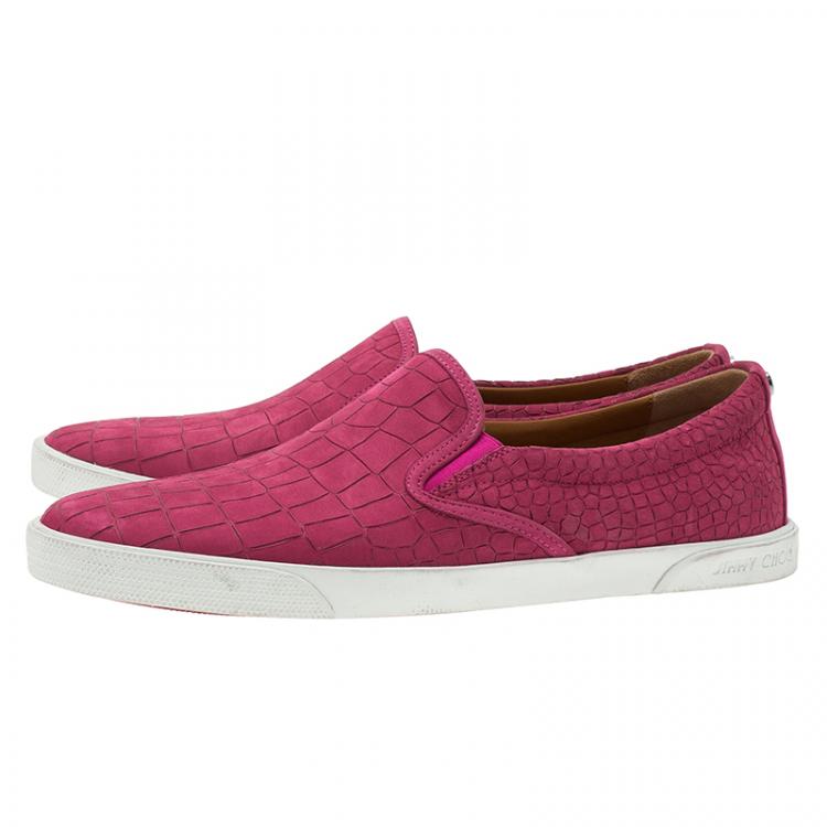 Pre Owned Jimmy Choo Pink Leather 'Demi' Croc Embossed Slip-On Sneakers Size 41