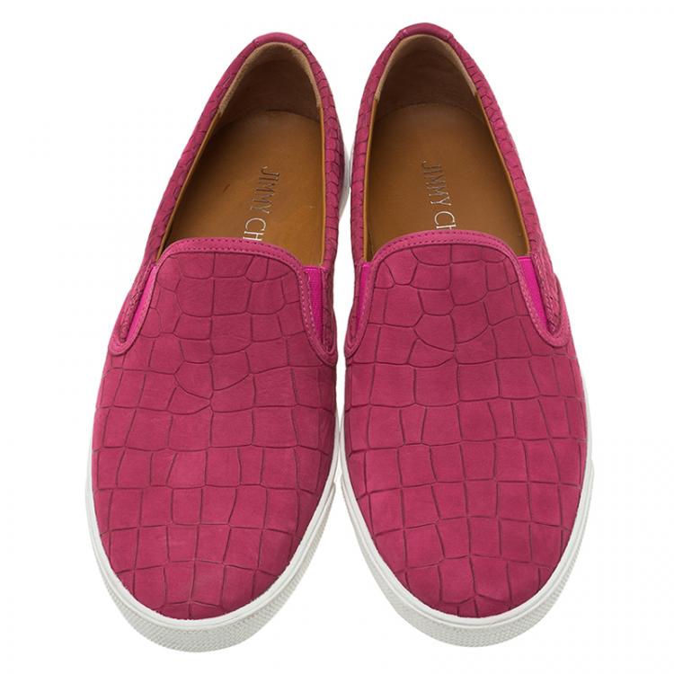 Pre Owned Jimmy Choo Pink Leather 'Demi' Croc Embossed Slip-On Sneakers Size 41