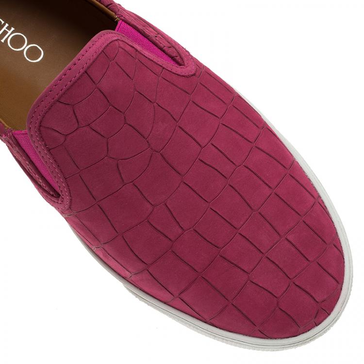 Pre Owned Jimmy Choo Pink Leather 'Demi' Croc Embossed Slip-On Sneakers Size 41