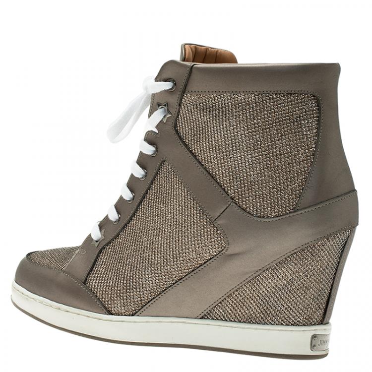 Pre Owned Jimmy Choo Macaroon Lame Glitter and Metallic Leather Preston Panama Wedge Sneakers Size 37.5