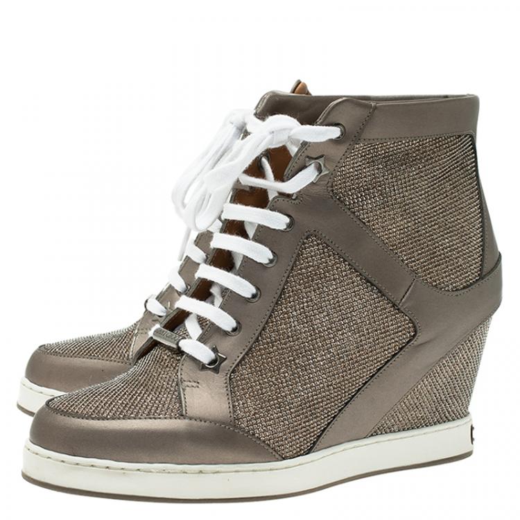 Pre Owned Jimmy Choo Macaroon Lame Glitter and Metallic Leather Preston Panama Wedge Sneakers Size 37.5
