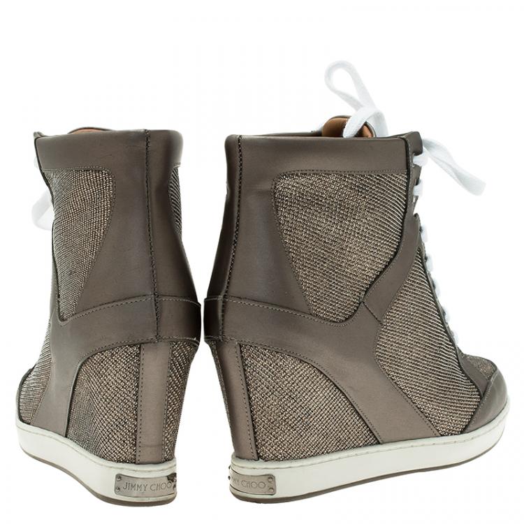 Pre Owned Jimmy Choo Macaroon Lame Glitter and Metallic Leather Preston Panama Wedge Sneakers Size 37.5