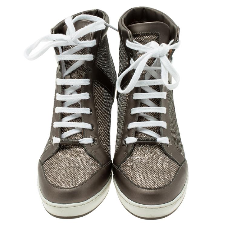 Pre Owned Jimmy Choo Macaroon Lame Glitter and Metallic Leather Preston Panama Wedge Sneakers Size 37.5