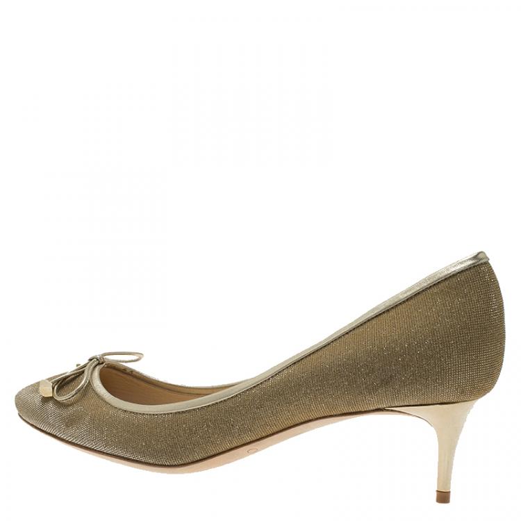Pre Owned Jimmy Choo Gold Leather and Glitter Fabric River Pumps Size 38 