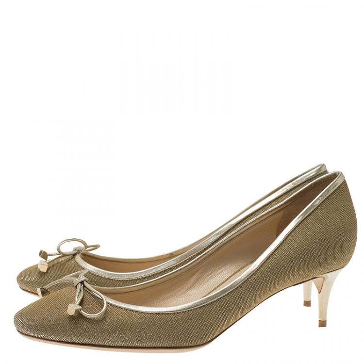 Pre Owned Jimmy Choo Gold Leather and Glitter Fabric River Pumps Size 38 
