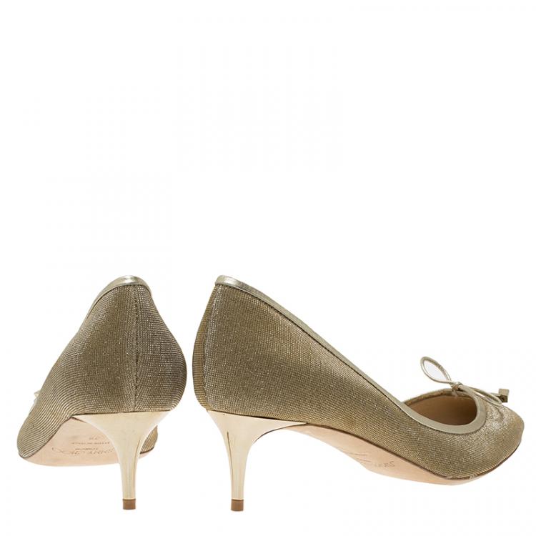 Pre Owned Jimmy Choo Gold Leather and Glitter Fabric River Pumps Size 38 