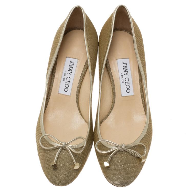 Pre Owned Jimmy Choo Gold Leather and Glitter Fabric River Pumps Size 38 