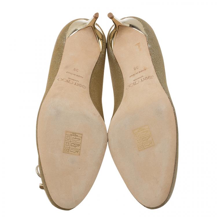 Pre Owned Jimmy Choo Gold Leather and Glitter Fabric River Pumps Size 38 