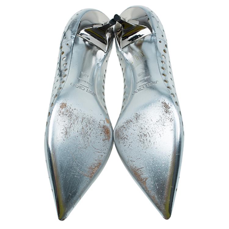 Pre Owned Jimmy Choo Silver Mirror Perforated Leather Mime Pumps Size 40.5