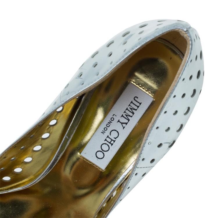 Pre Owned Jimmy Choo Silver Mirror Perforated Leather Mime Pumps Size 40.5