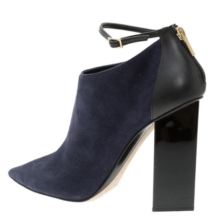 Pre Owned Jimmy Choo Navy Blue Suede and Black Leather Vanish Ankle Boots Size 39.5