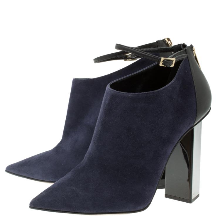 Pre Owned Jimmy Choo Navy Blue Suede and Black Leather Vanish Ankle Boots Size 39.5