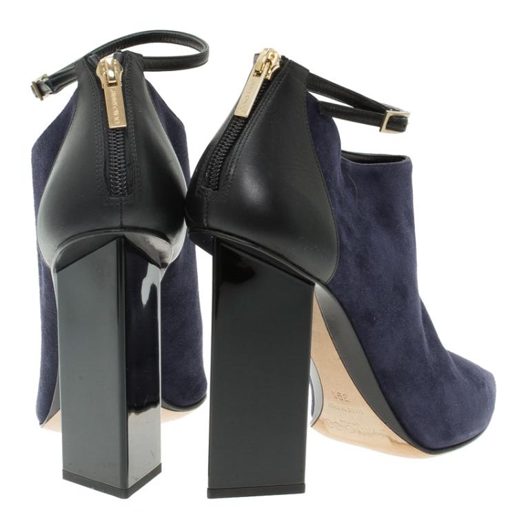 Pre Owned Jimmy Choo Navy Blue Suede and Black Leather Vanish Ankle Boots Size 39.5