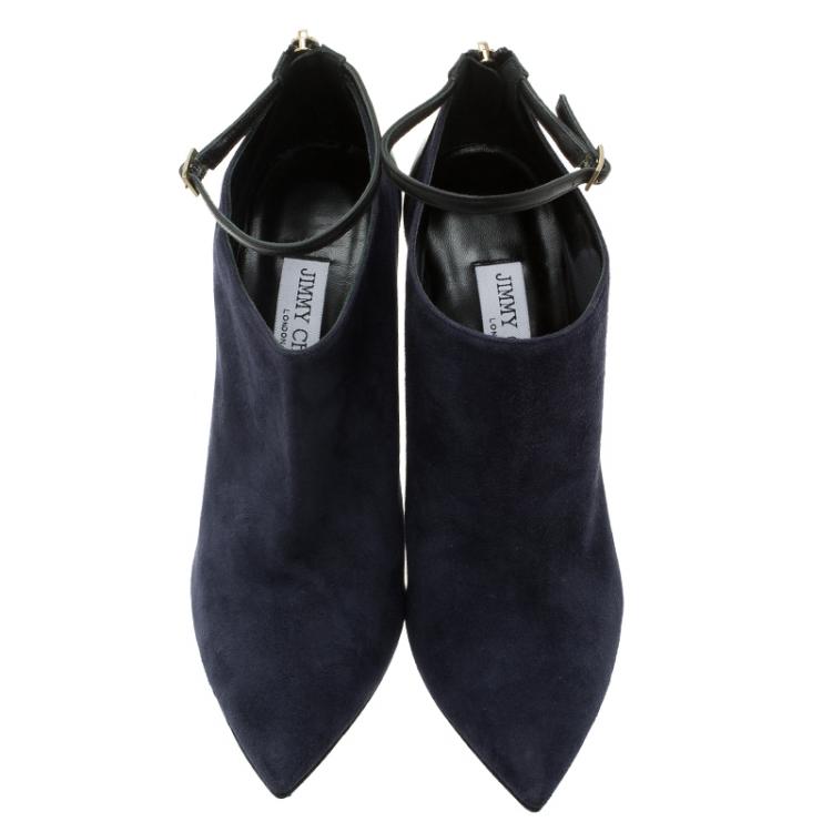 Pre Owned Jimmy Choo Navy Blue Suede and Black Leather Vanish Ankle Boots Size 39.5