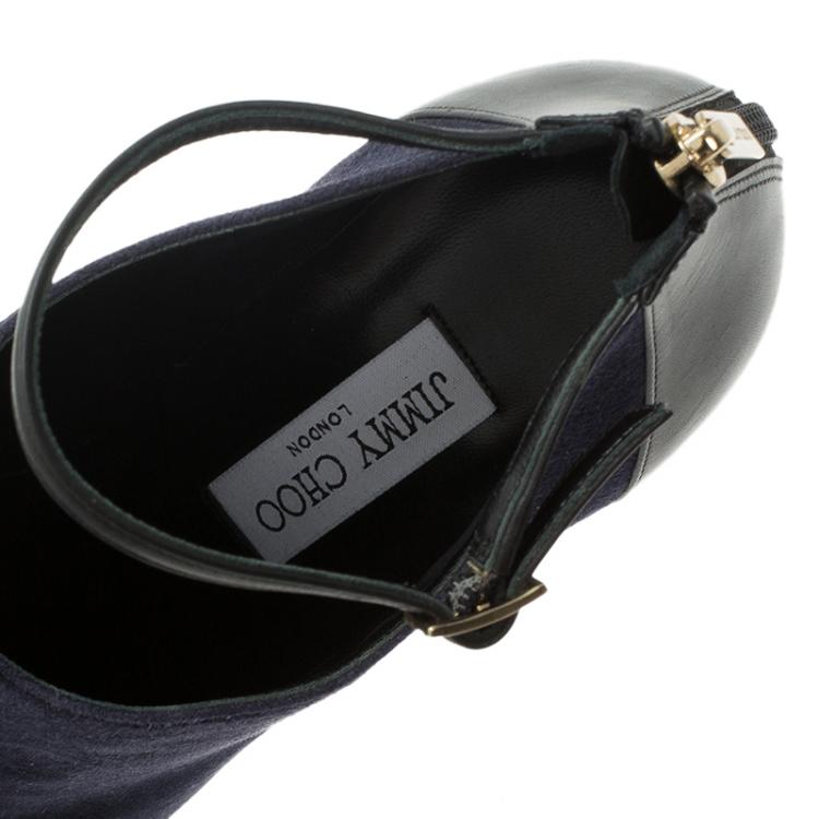 Pre Owned Jimmy Choo Navy Blue Suede and Black Leather Vanish Ankle Boots Size 39.5