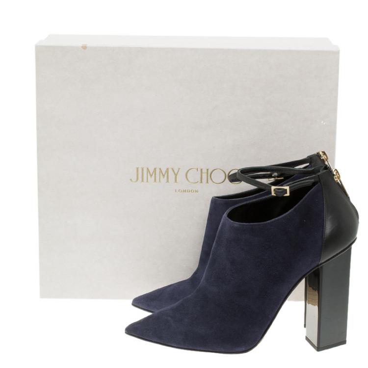 Pre Owned Jimmy Choo Navy Blue Suede and Black Leather Vanish Ankle Boots Size 39.5