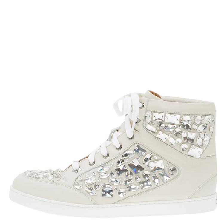 Pre Owned Jimmy Choo Cream Leather Crystal Embellished Tokyo High-Top Sneakers Size 40