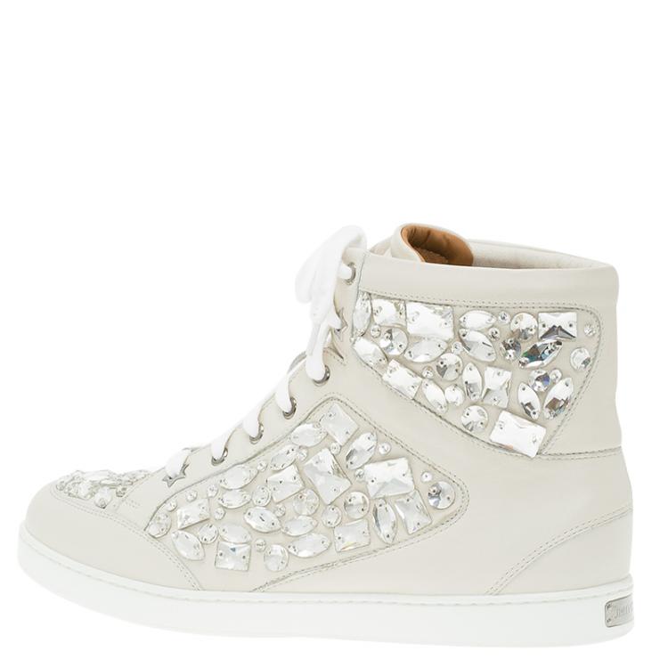 Pre Owned Jimmy Choo Cream Leather Crystal Embellished Tokyo High-Top Sneakers Size 40
