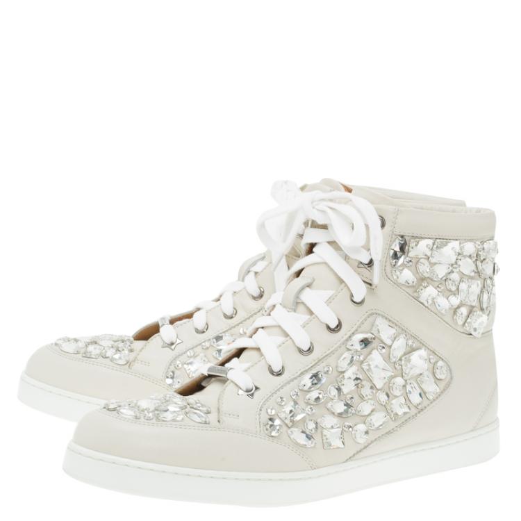 Pre Owned Jimmy Choo Cream Leather Crystal Embellished Tokyo High-Top Sneakers Size 40