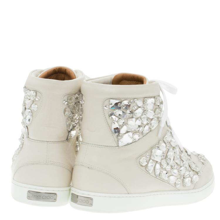 Pre Owned Jimmy Choo Cream Leather Crystal Embellished Tokyo High-Top Sneakers Size 40