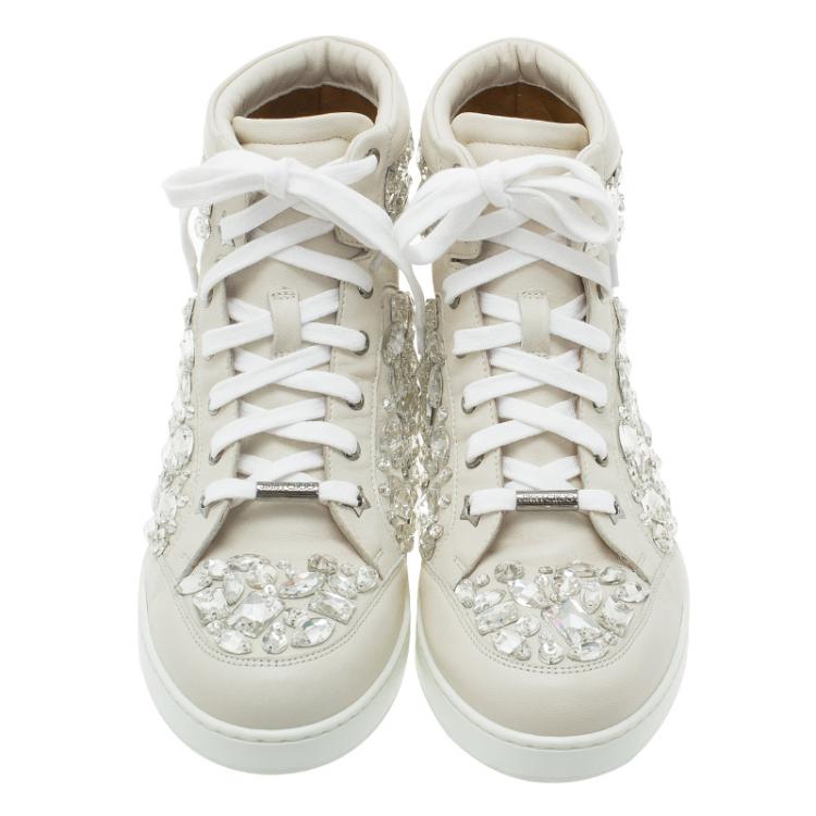 Pre Owned Jimmy Choo Cream Leather Crystal Embellished Tokyo High-Top Sneakers Size 40
