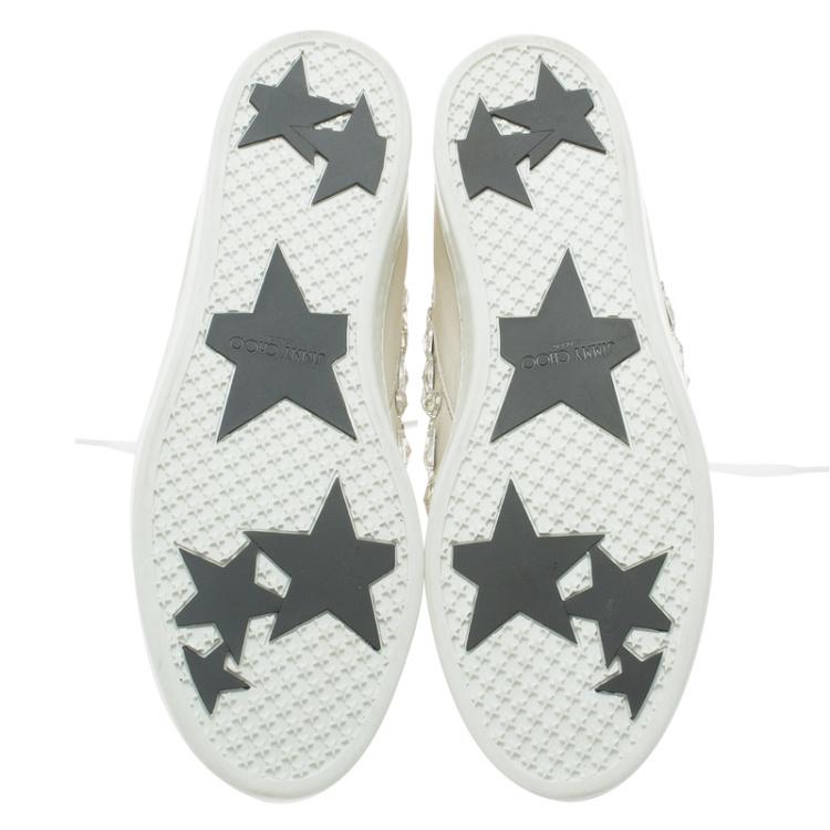 Pre Owned Jimmy Choo Cream Leather Crystal Embellished Tokyo High-Top Sneakers Size 40