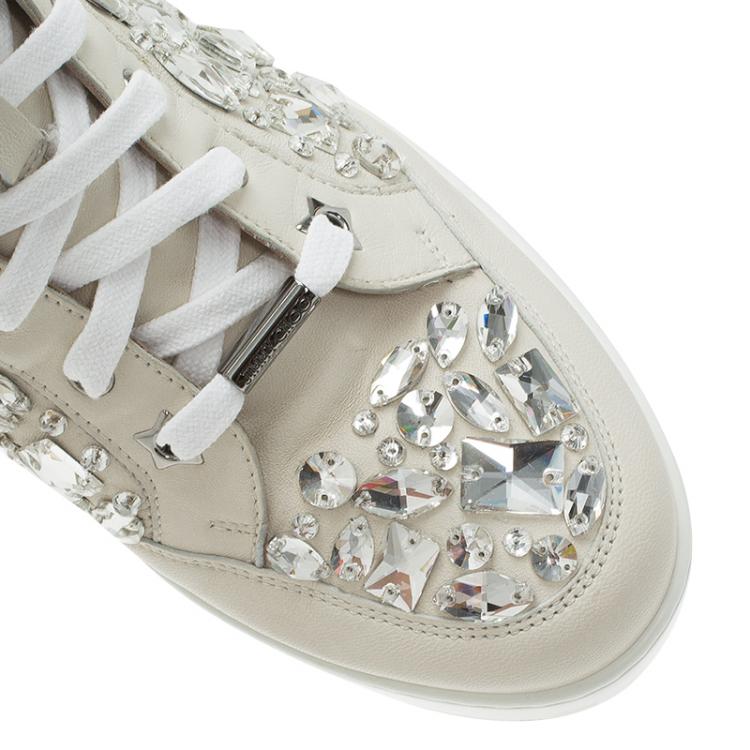Pre Owned Jimmy Choo Cream Leather Crystal Embellished Tokyo High-Top Sneakers Size 40