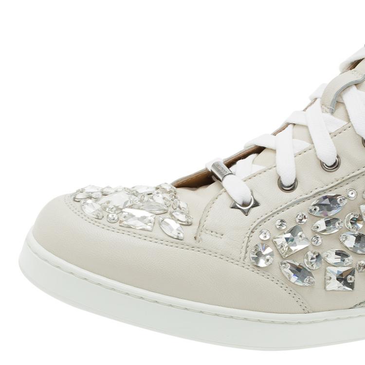 Pre Owned Jimmy Choo Cream Leather Crystal Embellished Tokyo High-Top Sneakers Size 40