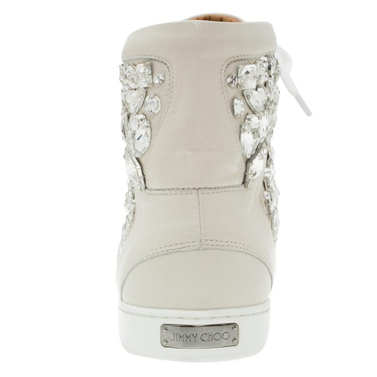 Pre Owned Jimmy Choo Cream Leather Crystal Embellished Tokyo High-Top Sneakers Size 40