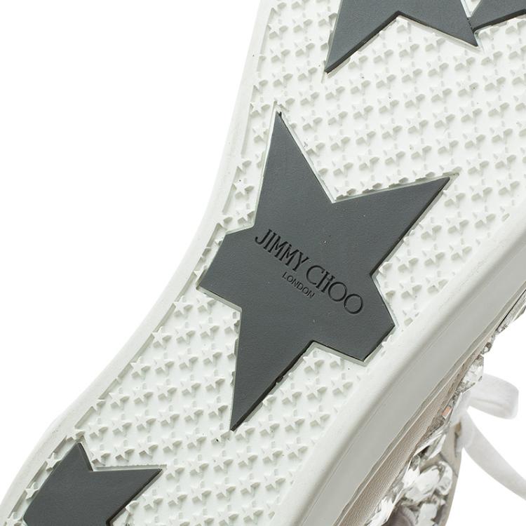 Pre Owned Jimmy Choo Cream Leather Crystal Embellished Tokyo High-Top Sneakers Size 40