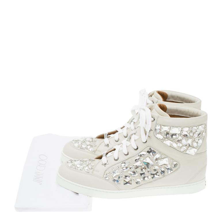 Pre Owned Jimmy Choo Cream Leather Crystal Embellished Tokyo High-Top Sneakers Size 40