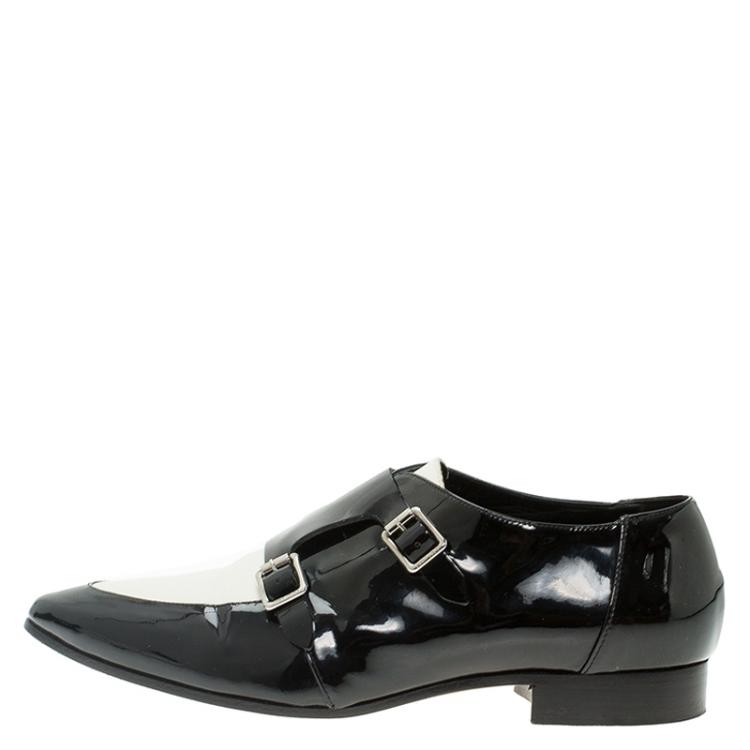 مملوكة مسبقًا Jimmy Choo Monochrome Leather Mardi Monk Strap Flats Size 38.5