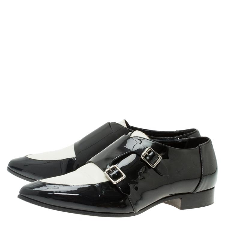 مملوكة مسبقًا Jimmy Choo Monochrome Leather Mardi Monk Strap Flats Size 38.5