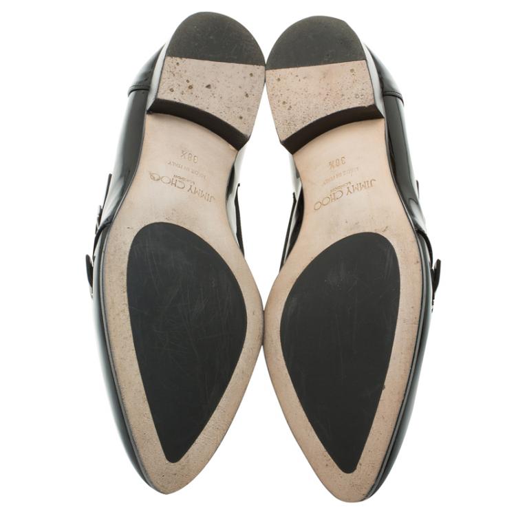 مملوكة مسبقًا Jimmy Choo Monochrome Leather Mardi Monk Strap Flats Size 38.5