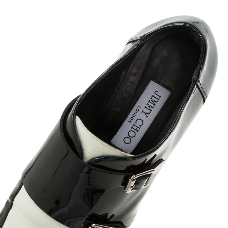 مملوكة مسبقًا Jimmy Choo Monochrome Leather Mardi Monk Strap Flats Size 38.5