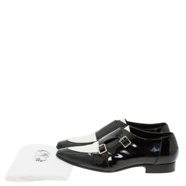 مملوكة مسبقًا Jimmy Choo Monochrome Leather Mardi Monk Strap Flats Size 38.5