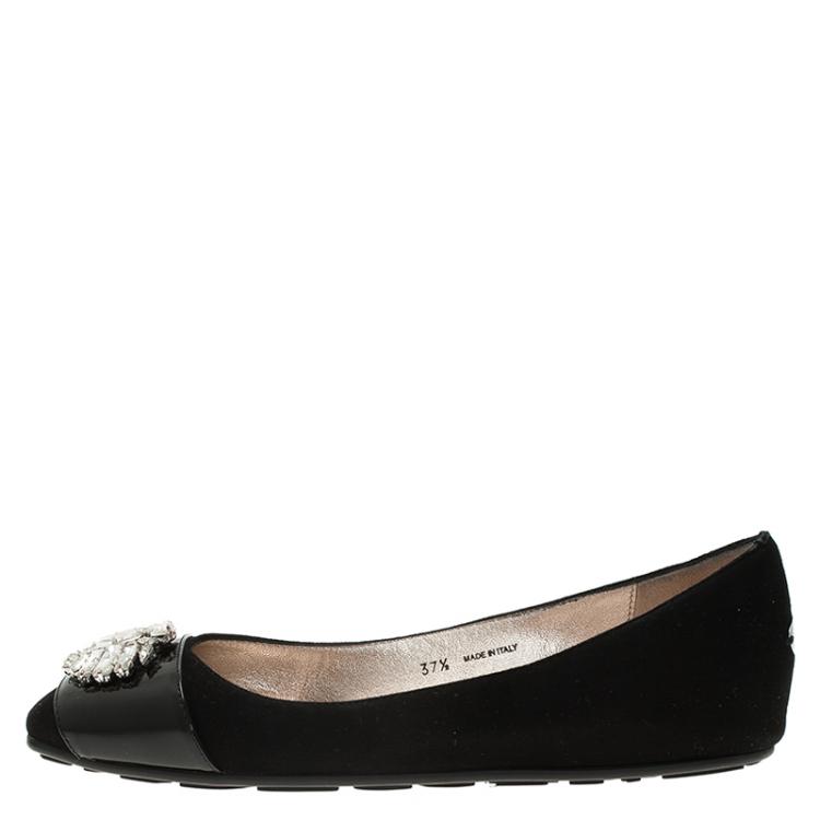 Pre Owned Jimmy Choo Black Suede and Patent Leather Jeweled Ballet Flats Size 37.5