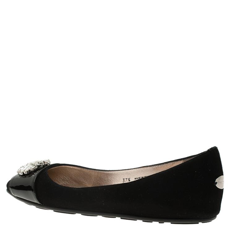 Pre Owned Jimmy Choo Black Suede and Patent Leather Jeweled Ballet Flats Size 37.5