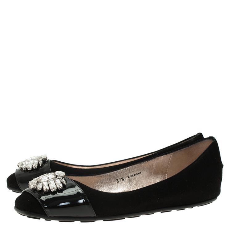 Pre Owned Jimmy Choo Black Suede and Patent Leather Jeweled Ballet Flats Size 37.5