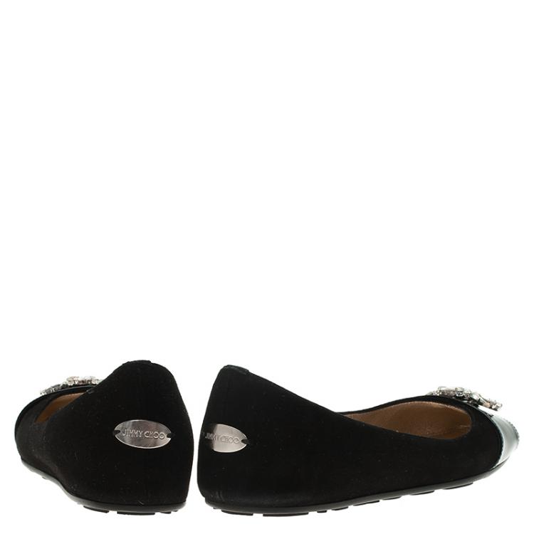 Pre Owned Jimmy Choo Black Suede and Patent Leather Jeweled Ballet Flats Size 37.5