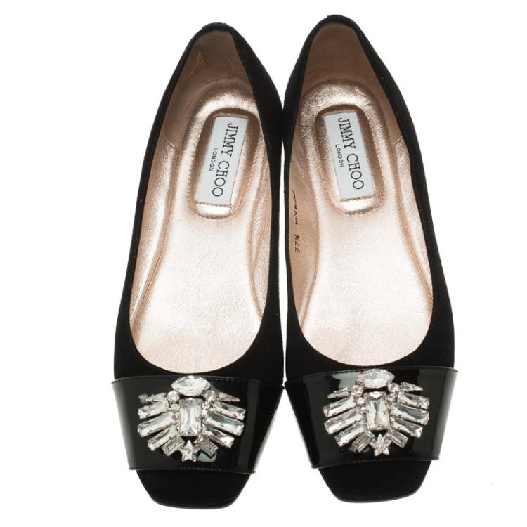 Pre Owned Jimmy Choo Black Suede and Patent Leather Jeweled Ballet Flats Size 37.5